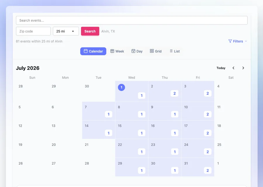 Free Houston networking events calendar showing July 2026 with events per day